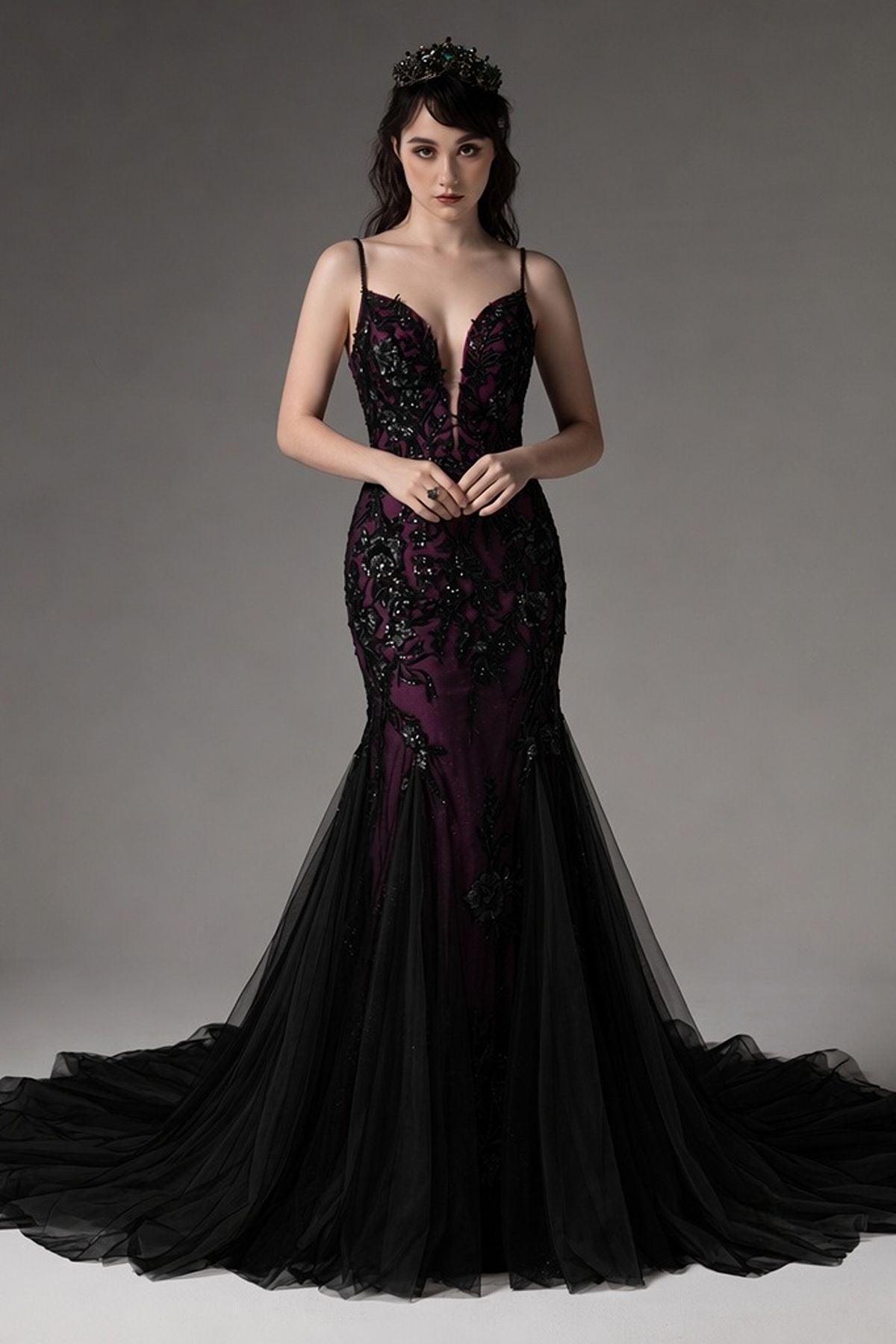 Trumpet-Mermaid Court Train Lace Tulle Wedding Dress CW3008 - 45 Days / As Picture:Black/Amaranth / US0-UK2-EUR30 - COCOMELODY